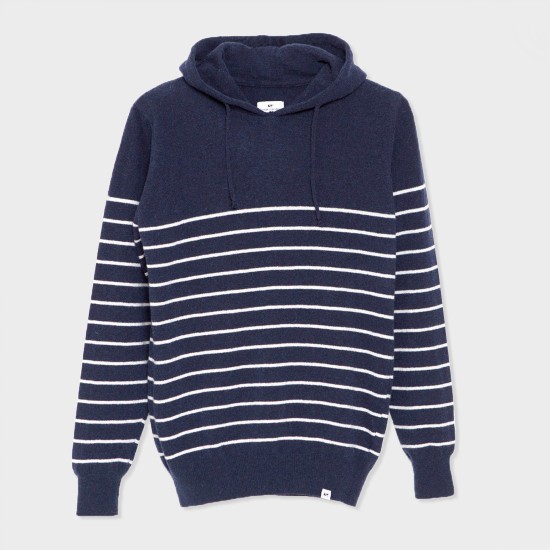 Hooded Basque Knit Sweater Navy Ecru